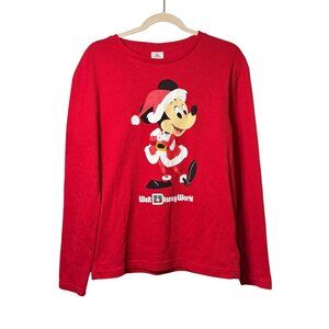 Disney Parks Mickey Mouse Santa Red Festive Thermal Long Sleeve Adult L 21x26